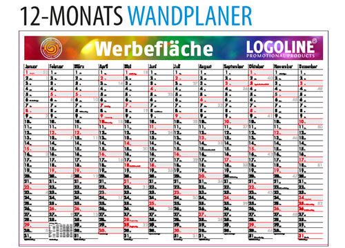 Werbeartikel Wandplaner mit 12- 13-,oder 15-Monats-Übersicht